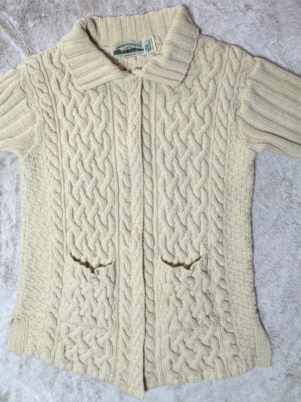 Aran Crafts Cream Cable-Knit Collared Sweater w/2-way Zipper L